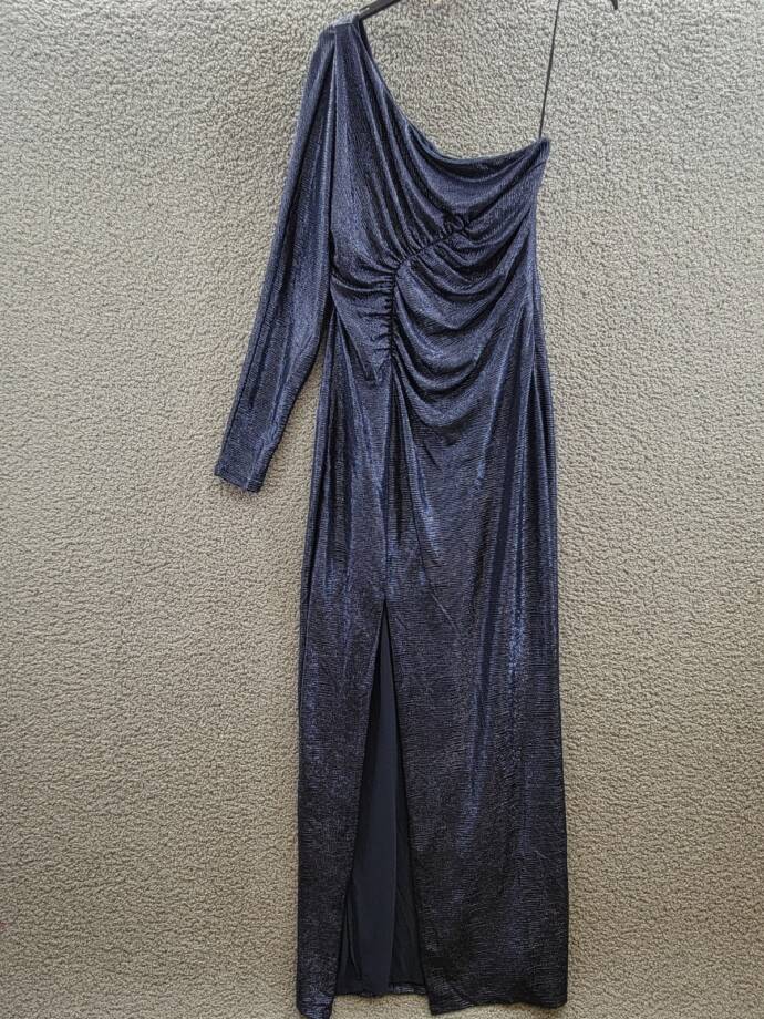 Lauren Ralph Lauren Metallic Knit One-Shoulder Gown Women's 8 Navy Side Zip