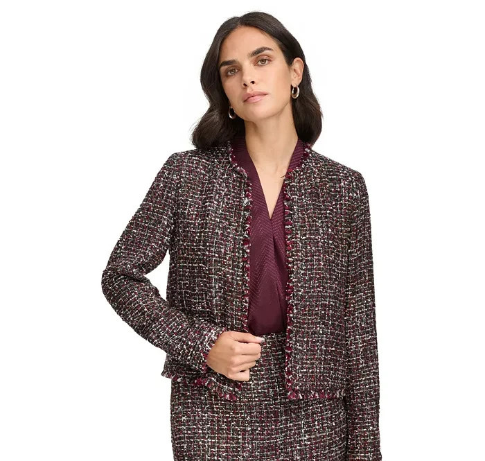 Calvin Klein Tweed Open-Front Blazer Women's 14 Black Multi Wool Blend Pull On