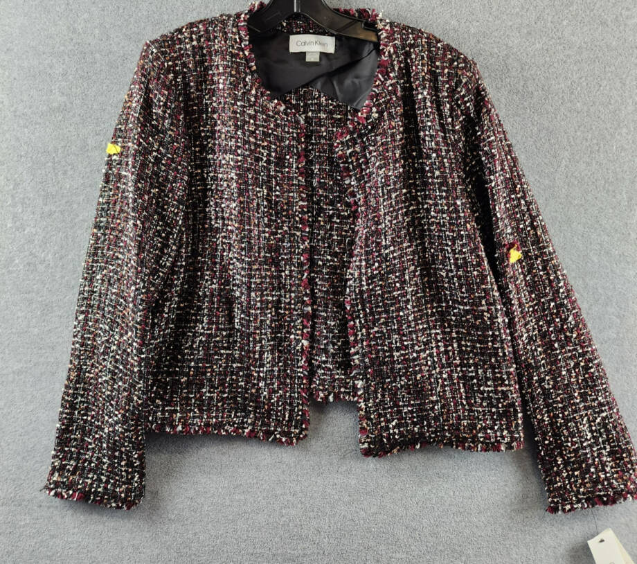 Calvin Klein Tweed Open-Front Blazer Women's 14 Black Multi Wool Blend Pull On