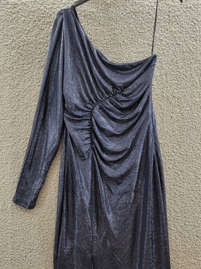 Lauren Ralph Lauren Metallic Knit One-Shoulder Gown Women's 8 Navy Side Zip