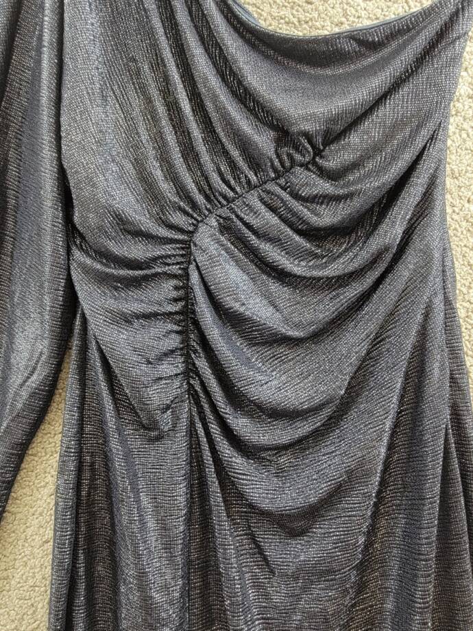Lauren Ralph Lauren Metallic Knit One-Shoulder Gown Women's 8 Navy Side Zip