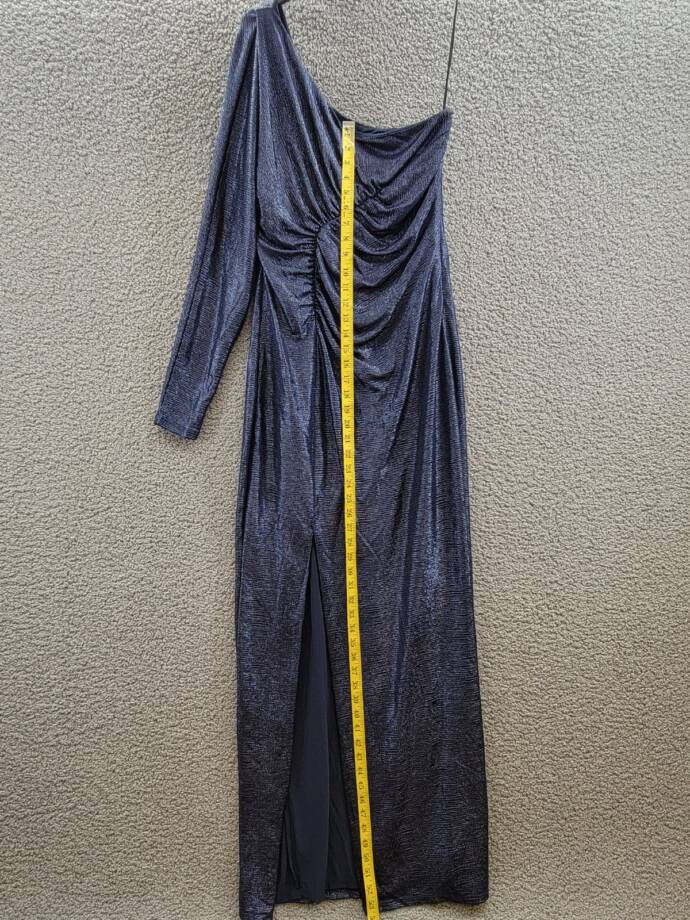 Lauren Ralph Lauren Metallic Knit One-Shoulder Gown Women's 8 Navy Side Zip