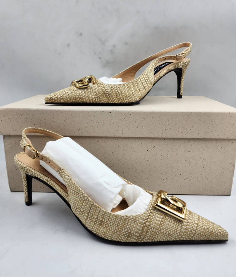 Dolce & Gabbana Logo Raffia Slingback Pumps Women's 35/5 US Sand Pointed Toe