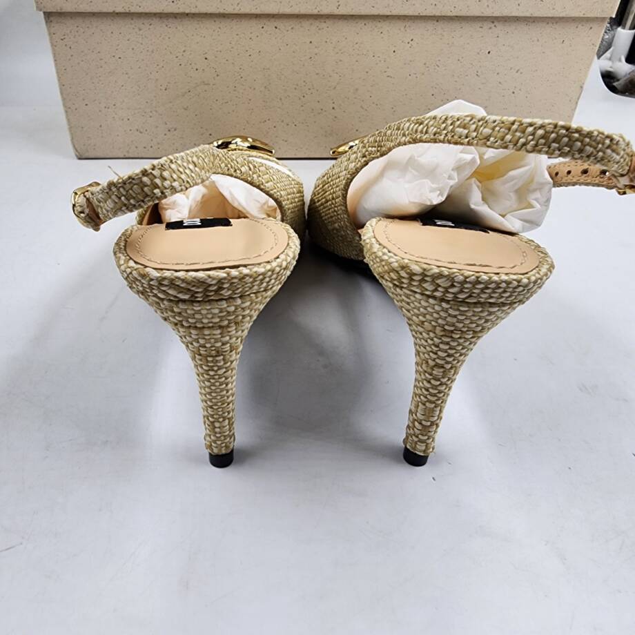 Dolce & Gabbana Logo Raffia Slingback Pumps Women's 35/5 US Sand Pointed Toe