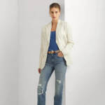 Lauren Ralph Lauren Striped Linen Blend Twill Blazer Women's 18 Cream/Blue L/S