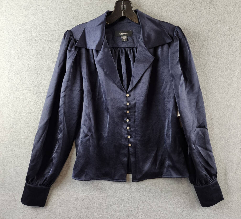Karen Kane Shirred Blouse Womens XS Navy Solid Collared Long Sleeve Button Front