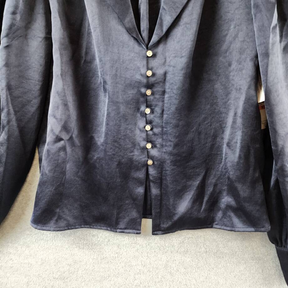 Karen Kane Shirred Blouse Womens XS Navy Solid Collared Long Sleeve Button Front