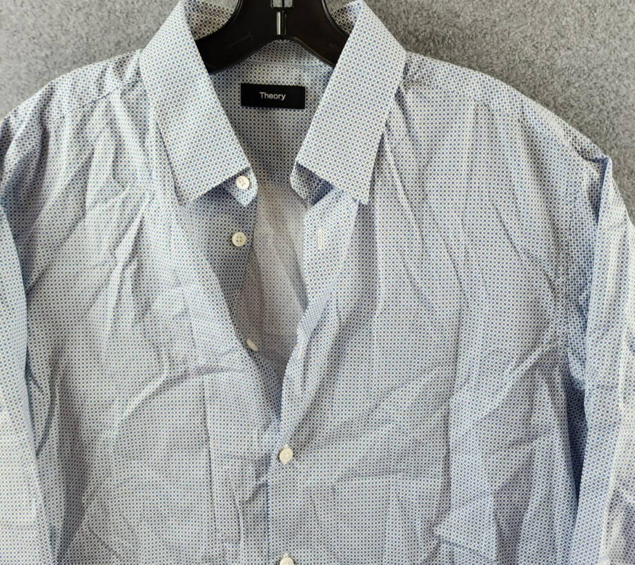 Theory Irving Button Up Shirt Men's L Horizon Blue Geometric Print Long Sleeve