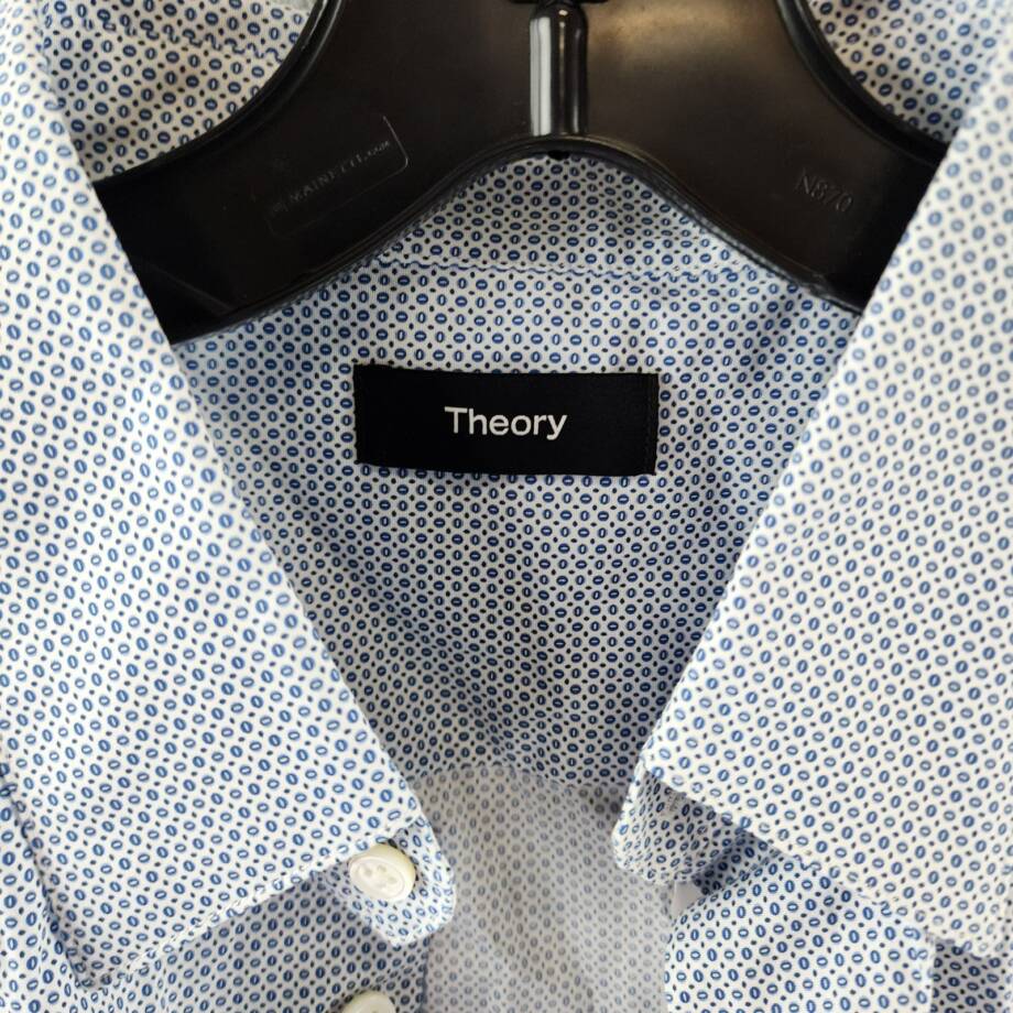 Theory Irving Button Up Shirt Men's L Horizon Blue Geometric Print Long Sleeve
