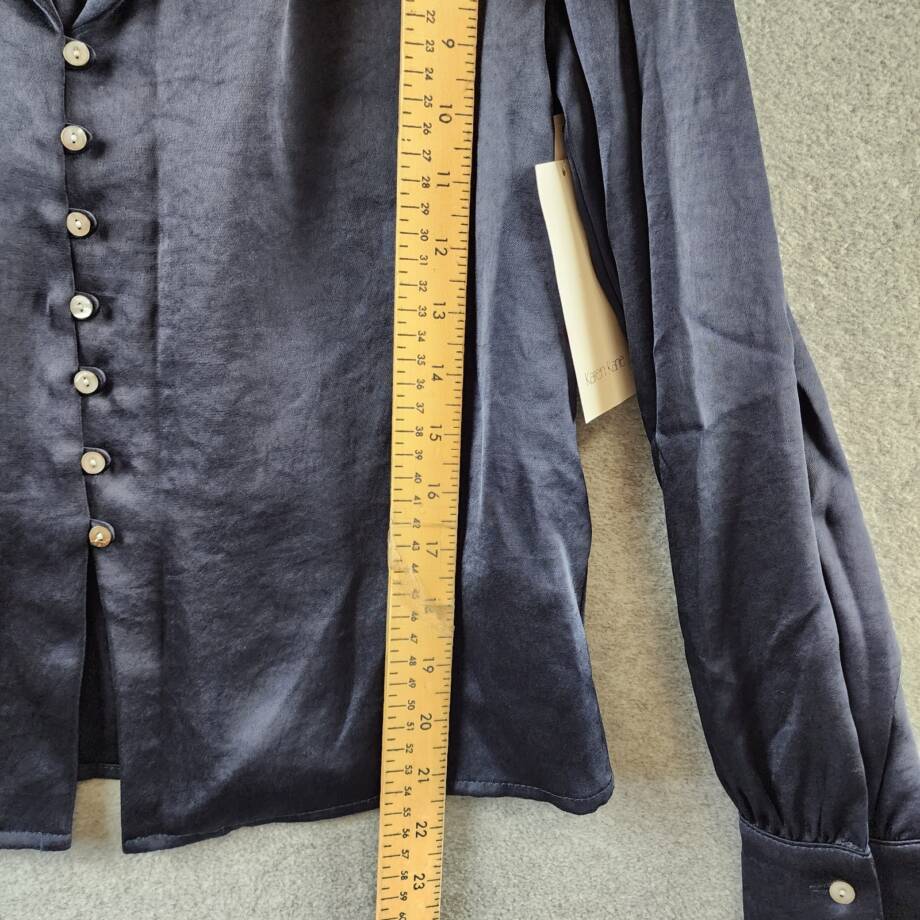 Karen Kane Shirred Blouse Womens XS Navy Solid Collared Long Sleeve Button Front