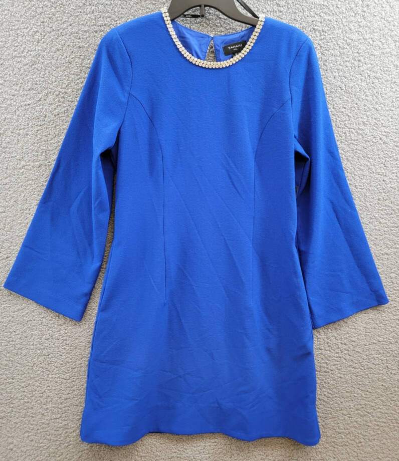 Tahari ASL Rhinestone Trim Shift Dress Women's 8 Cobalt Round Neck Long Sleeves~
