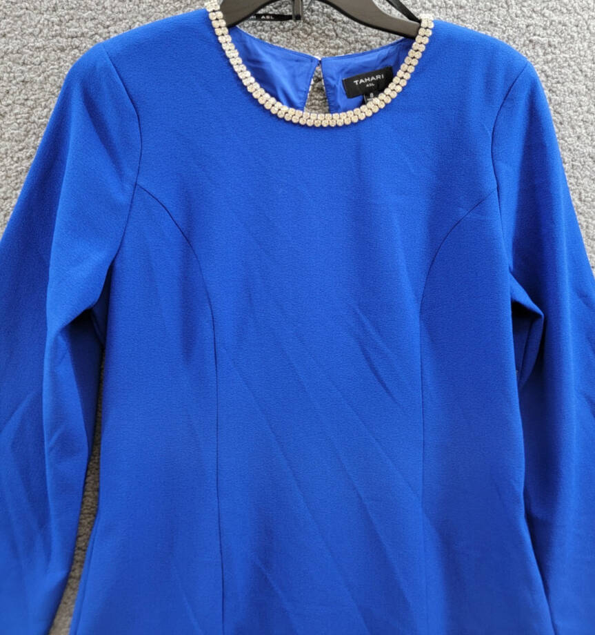 Tahari ASL Rhinestone Trim Shift Dress Women's 8 Cobalt Round Neck Long Sleeves~