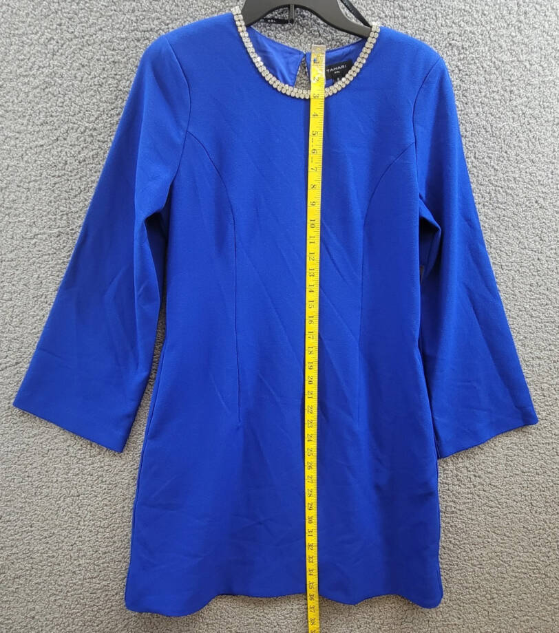 Tahari ASL Rhinestone Trim Shift Dress Women's 8 Cobalt Round Neck Long Sleeves~