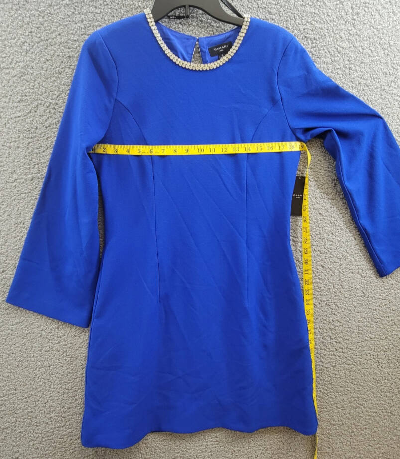 Tahari ASL Rhinestone Trim Shift Dress Women's 8 Cobalt Round Neck Long Sleeves~