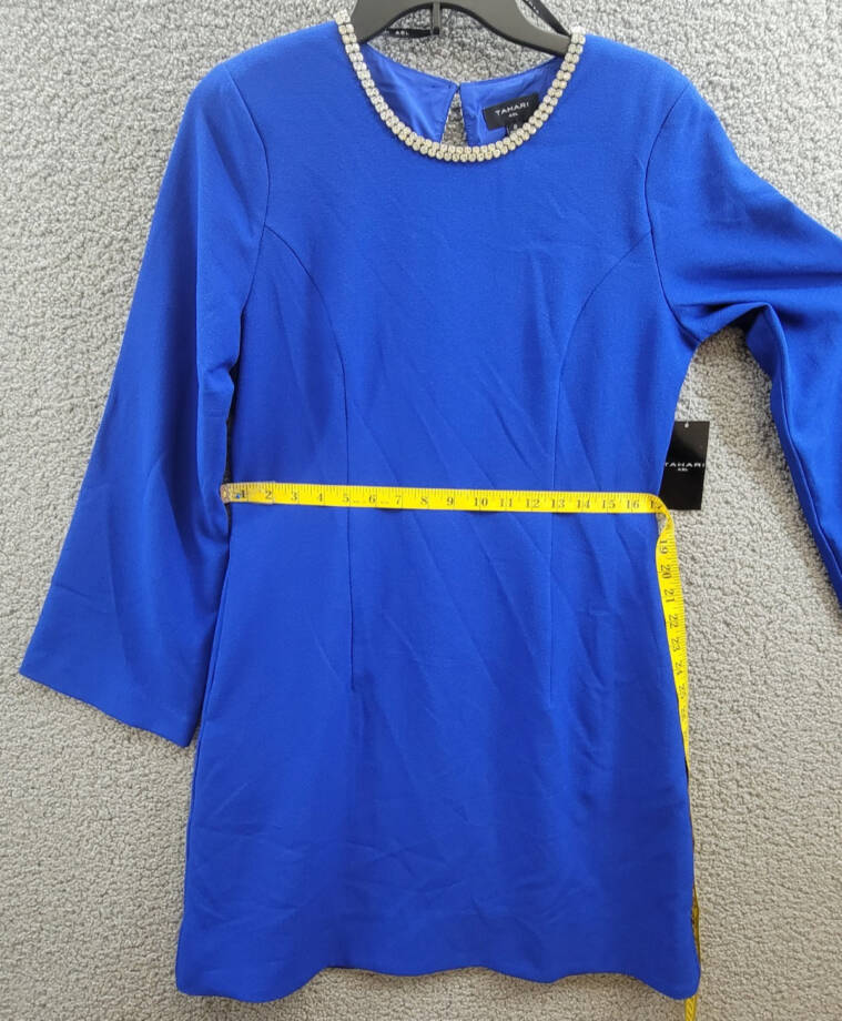 Tahari ASL Rhinestone Trim Shift Dress Women's 8 Cobalt Round Neck Long Sleeves~