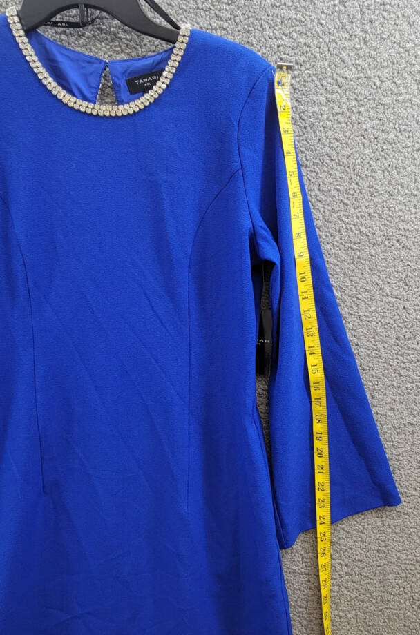 Tahari ASL Rhinestone Trim Shift Dress Women's 8 Cobalt Round Neck Long Sleeves~
