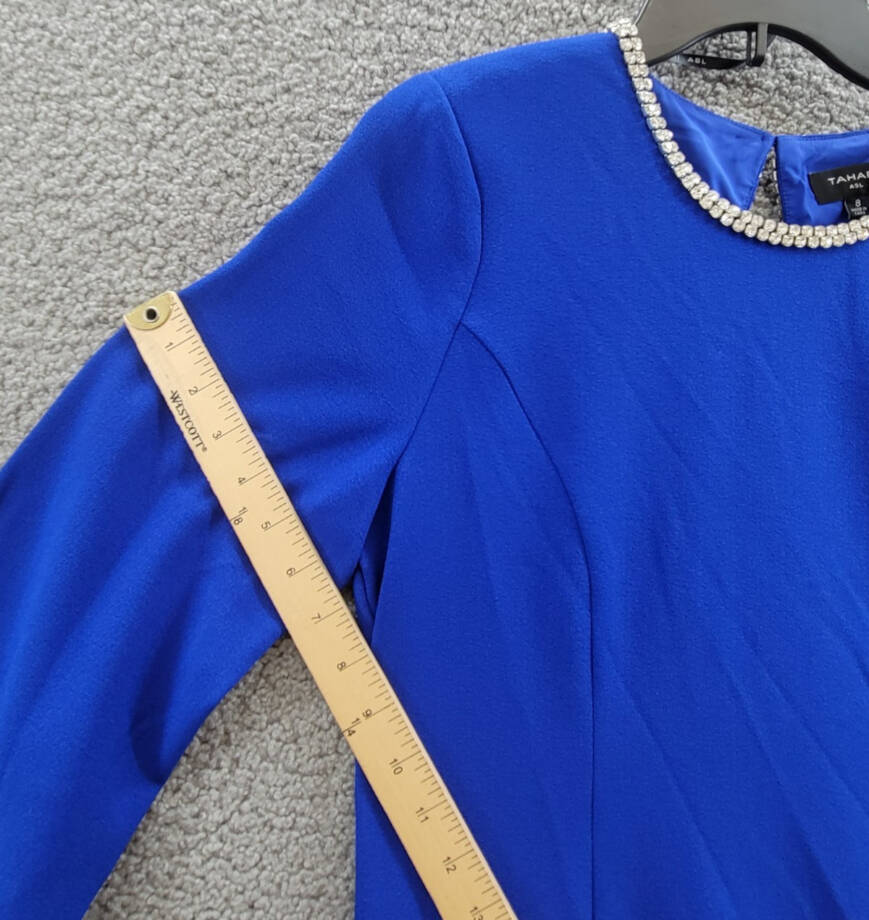 Tahari ASL Rhinestone Trim Shift Dress Women's 8 Cobalt Round Neck Long Sleeves~