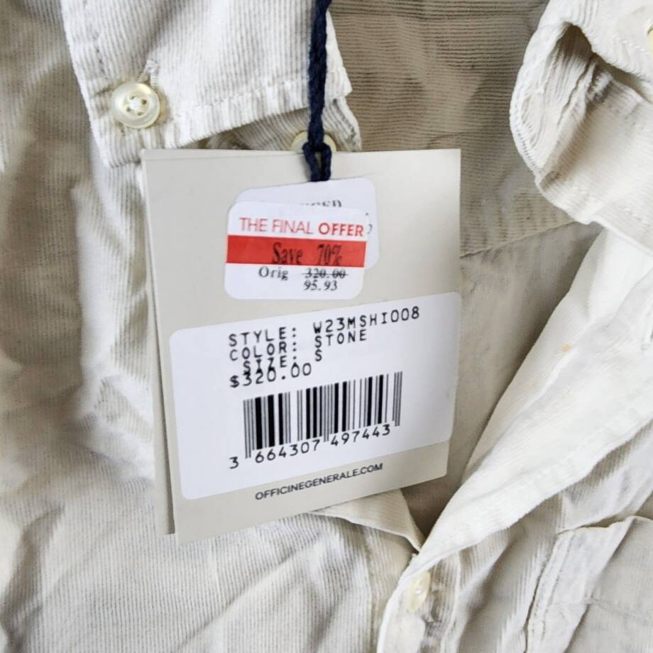 Officine Générale Corduroy Button Down Shirt Men's Small Stone Long Sleeve