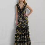 Lauren Ralph Lauren Tiered Ruffled Floral Gown Women's 2 Black Multi Side Zip