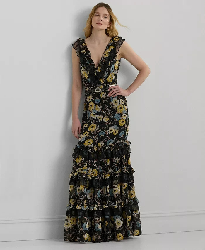 Lauren Ralph Lauren Tiered Ruffled Floral Gown Women's 2 Black Multi Side Zip