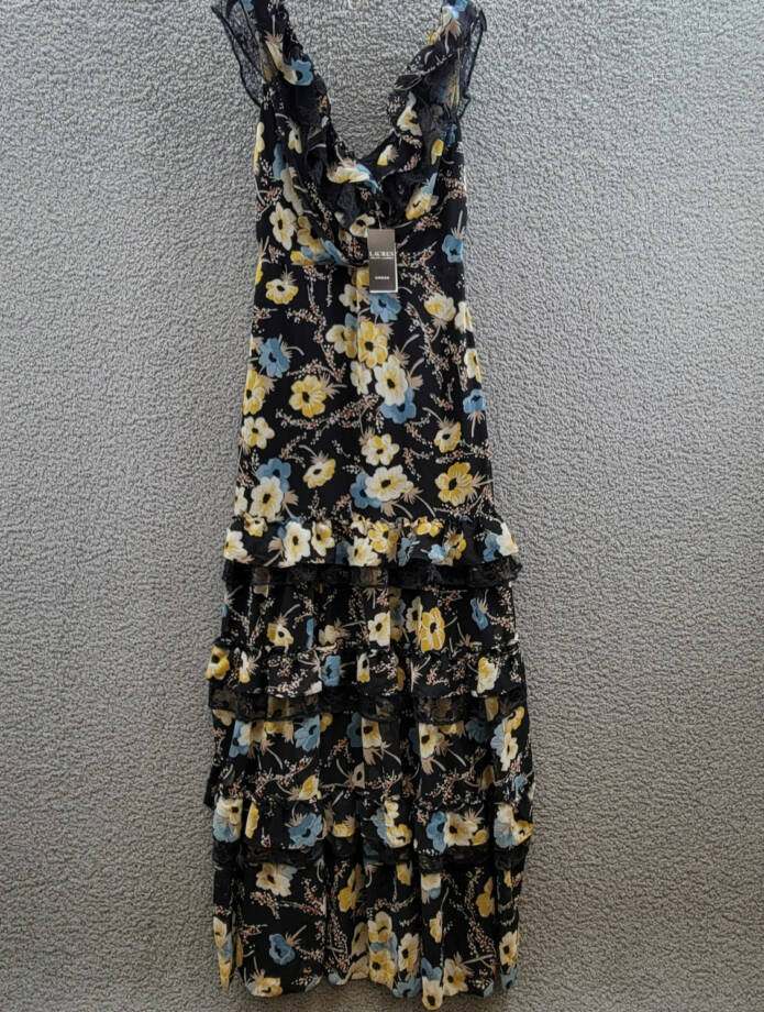 Lauren Ralph Lauren Tiered Ruffled Floral Gown Women's 2 Black Multi Side Zip