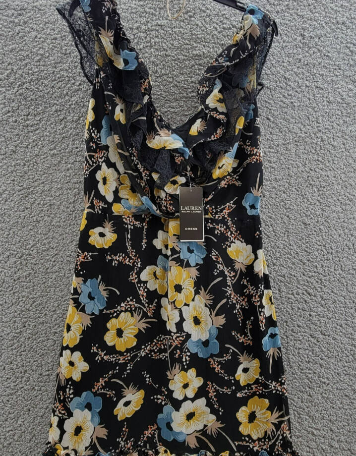 Lauren Ralph Lauren Tiered Ruffled Floral Gown Women's 2 Black Multi Side Zip