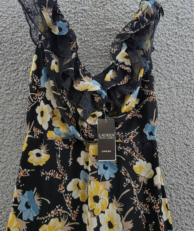 Lauren Ralph Lauren Tiered Ruffled Floral Gown Women's 2 Black Multi Side Zip