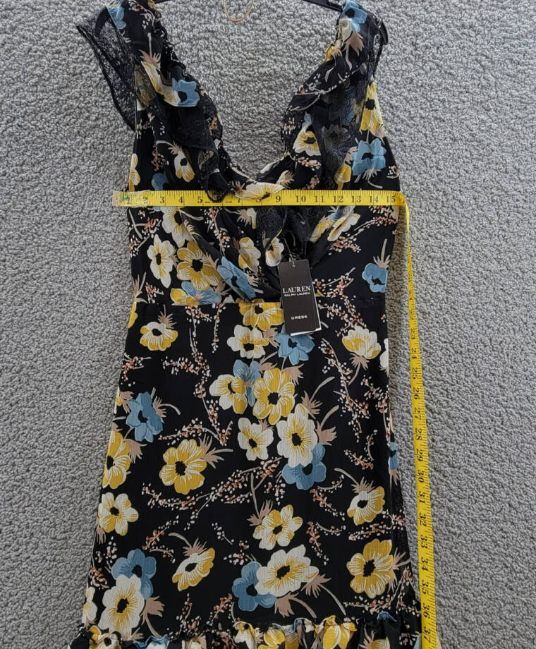 Lauren Ralph Lauren Tiered Ruffled Floral Gown Women's 2 Black Multi Side Zip