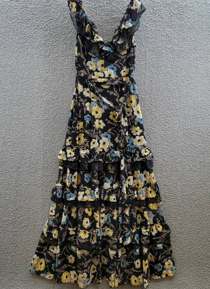 Lauren Ralph Lauren Tiered Ruffled Floral Gown Women's 2 Black Multi Side Zip