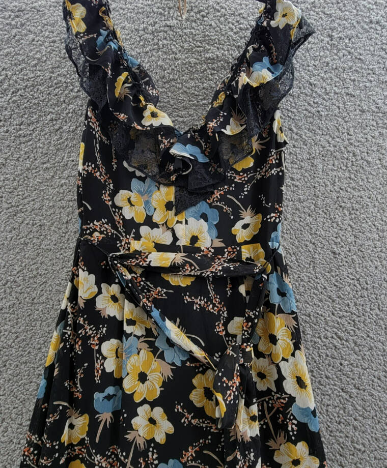Lauren Ralph Lauren Tiered Ruffled Floral Gown Women's 2 Black Multi Side Zip