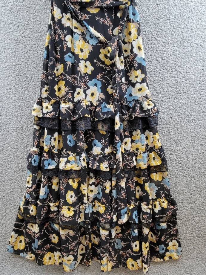 Lauren Ralph Lauren Tiered Ruffled Floral Gown Women's 2 Black Multi Side Zip
