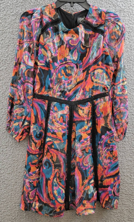Vince Camuto Metallic Chiffon Fit & Flare Dress Women's 4 Red Multi Zip Closure