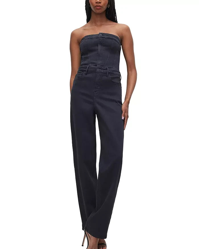 Good American Tube Denim Jumpsuit Womens XS Black Straight Neck Button Zip Front