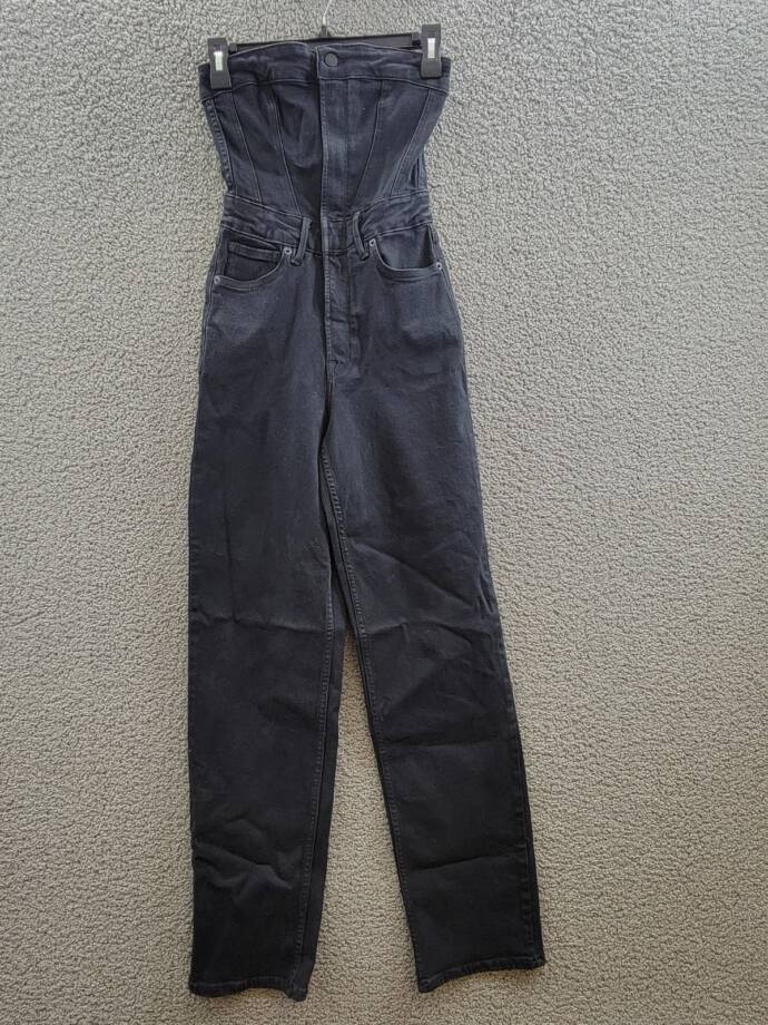 Good American Tube Denim Jumpsuit Womens XS Black Straight Neck Button Zip Front