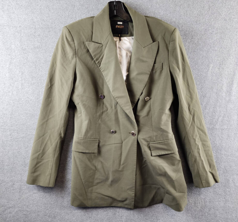 Maje Double-Breasted Wool Blend Slim-Fit Suit Jacket Women's 38 Olive Green