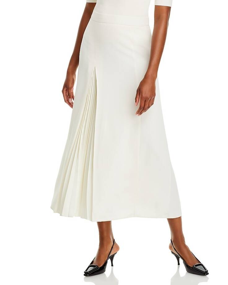 Boss Vateza Maxi Skirt Women's 10 White Solid Pleated Detail Back Zip Closure~