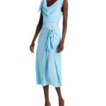 Cinq à Sept Odin Drape Detail Midi Dress Women's 16 Agua Fria Solid Cowl Neck~