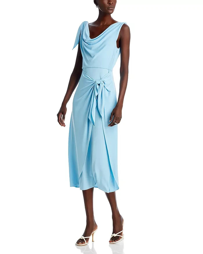 Cinq à Sept Odin Drape Detail Midi Dress Women's 16 Agua Fria Solid Cowl Neck~