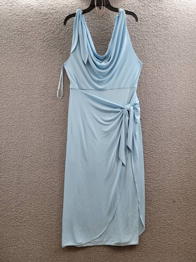 Cinq à Sept Odin Drape Detail Midi Dress Women's 16 Agua Fria Solid Cowl Neck~