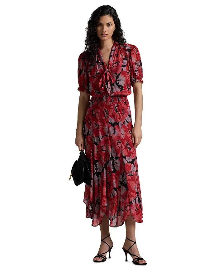 Polo by Ralph Lauren Floral Georgette Tie-Neck Dress Women's XS Multi Pullover~