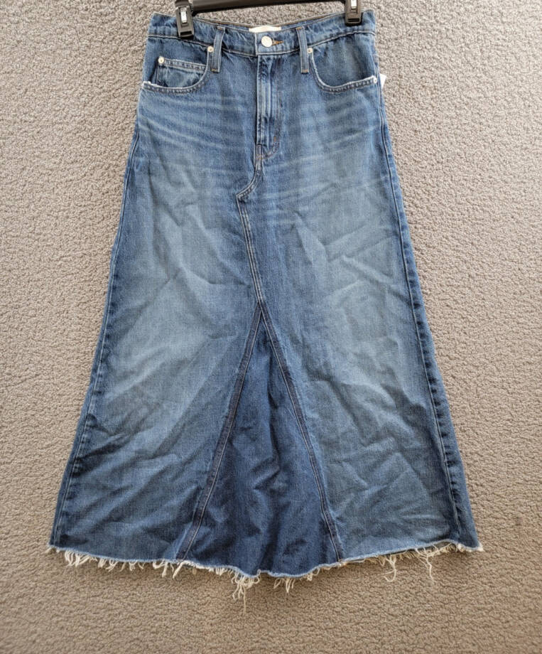 FRAME The Dorothy Denim Skirt Women's 26 Slowpoke Frayed Hem Zip/Button Closure~
