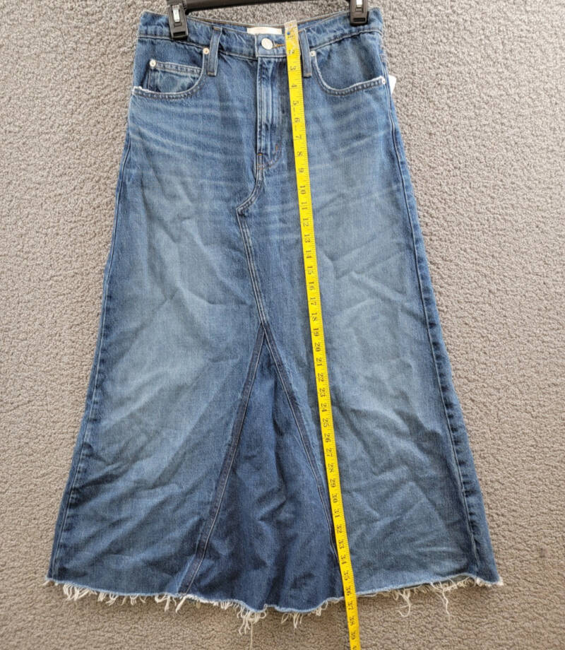 FRAME The Dorothy Denim Skirt Women's 26 Slowpoke Frayed Hem Zip/Button Closure~