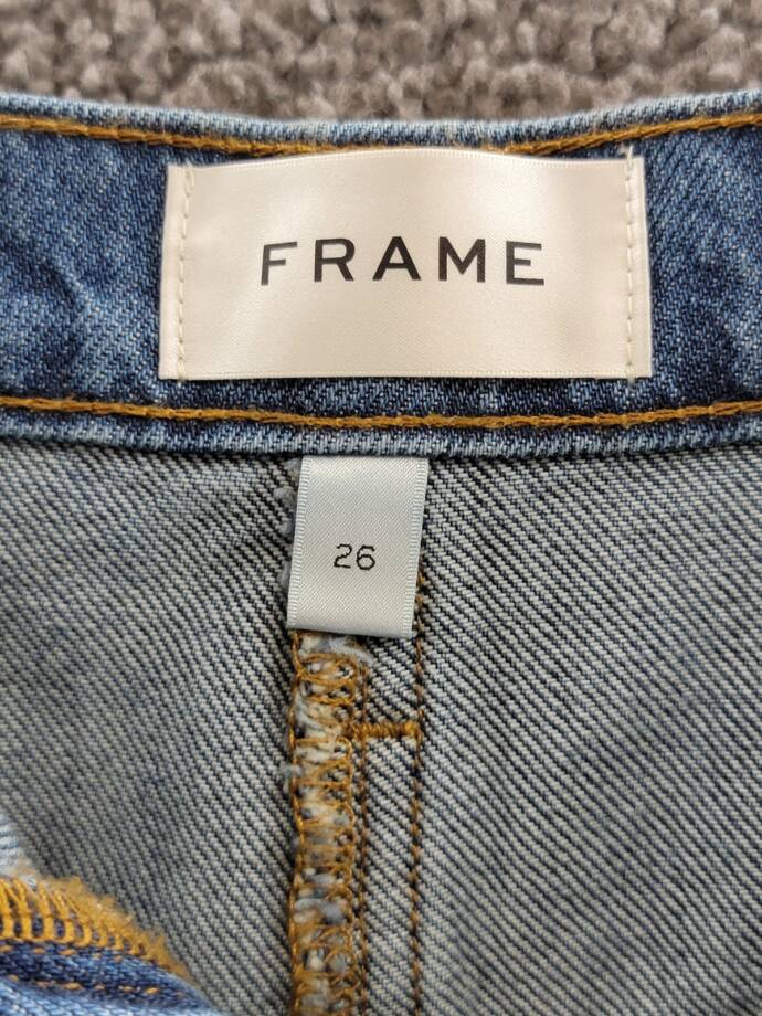 FRAME The Dorothy Denim Skirt Women's 26 Slowpoke Frayed Hem Zip/Button Closure~