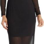 Donna Morgan Long Sleeve Midi Sheer Mesh Overlay Dress Women's 10 Black Back Zip
