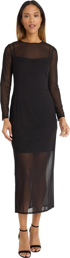 Donna Morgan Long Sleeve Midi Sheer Mesh Overlay Dress Women's 10 Black Back Zip