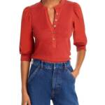 Veronica Beard Coralee Top Womens XS Brick Red Mandarin Collar Elbow Puff Sleeve