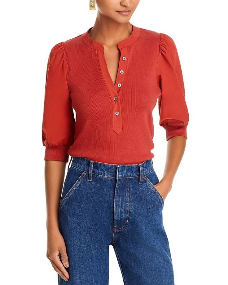 Veronica Beard Coralee Top Womens XS Brick Red Mandarin Collar Elbow Puff Sleeve
