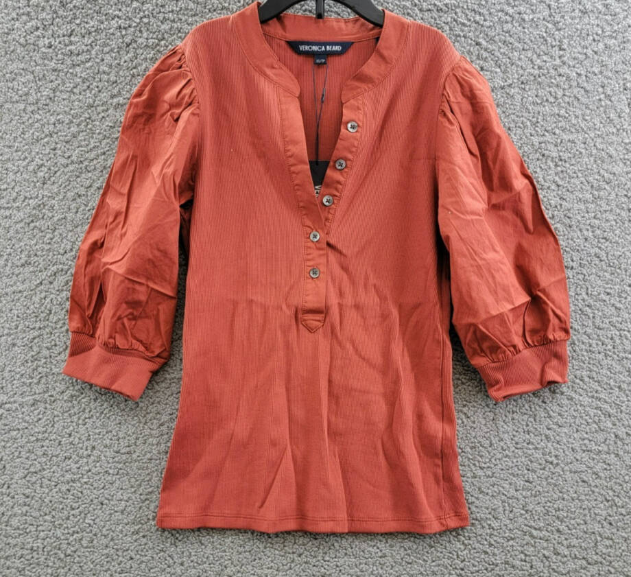 Veronica Beard Coralee Top Womens XS Brick Red Mandarin Collar Elbow Puff Sleeve