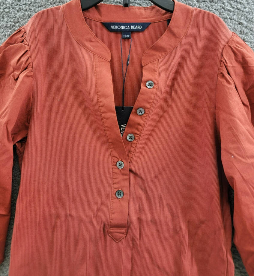 Veronica Beard Coralee Top Womens XS Brick Red Mandarin Collar Elbow Puff Sleeve