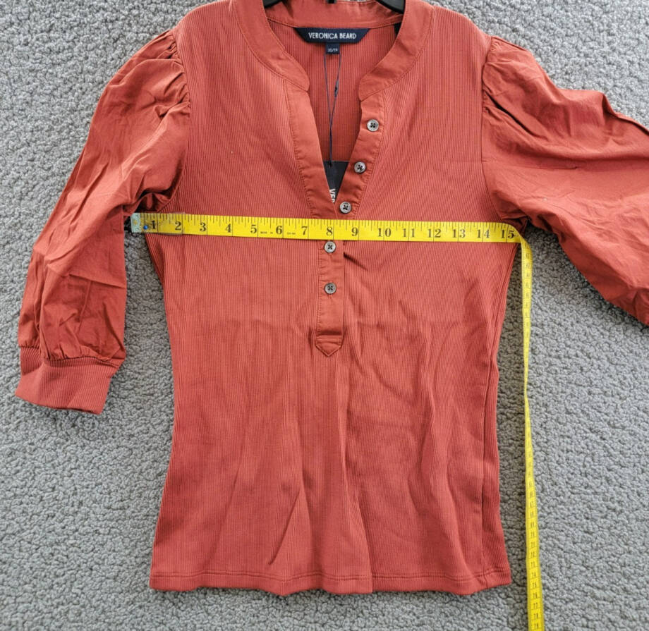 Veronica Beard Coralee Top Womens XS Brick Red Mandarin Collar Elbow Puff Sleeve
